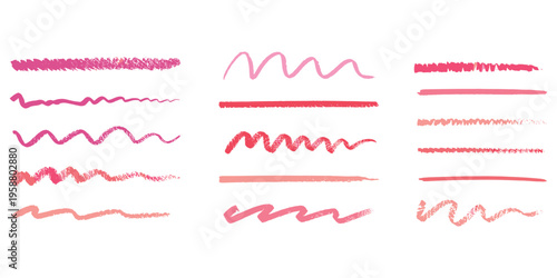 Collection of hand drawn pink and red brush strokes and wavy lines on white abstract background