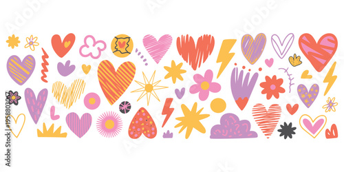 Colorful Hand Drawn Hearts Stars Flowers And Lightning Bolts Collection Keywords: hearts, stars, flowers, lightning bolts