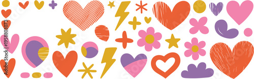 Colorful Hand Drawn Hearts Stars Flowers And Lightning Bolts Collection Keywords: hearts, stars, flowers, lightning bolts