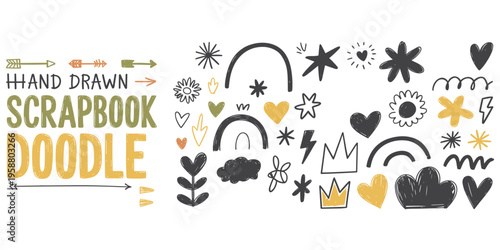 Hand Drawn Scrapbook Doodle Collection with Rainbows Hearts Stars Flowers and Clouds Keywords: hand drawn, scrapbook, doodle