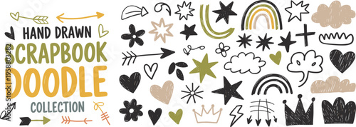 Hand Drawn Scrapbook Doodle Collection with Rainbows Hearts Stars Flowers and Clouds Keywords: hand drawn, scrapbook, doodle