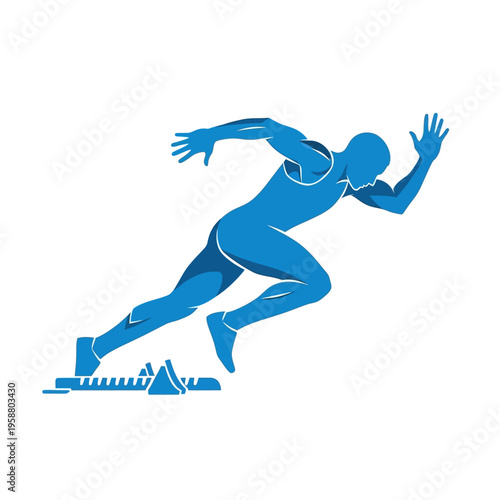 Blue athlete runner starting sprint from block