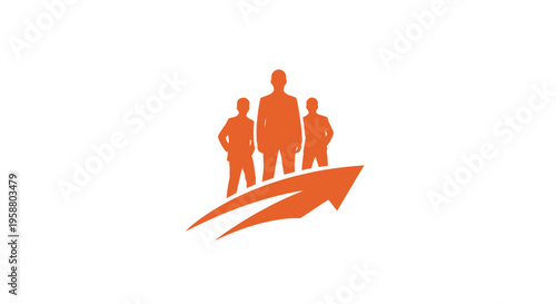 Business team silhouettes on upward orange arrow indicating growth