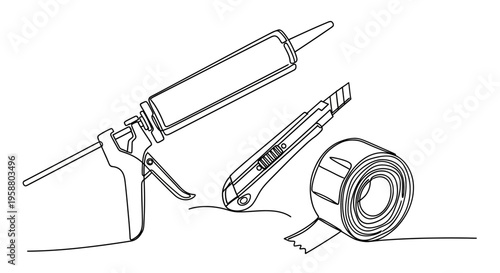 Caulking gun, utility knife, and tape roll line art illustration