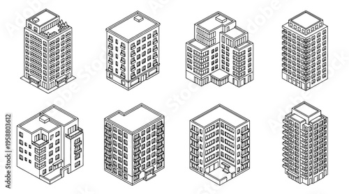 apartment building , 6 black line isometric 3d vector collection , white background , PNG and SVG isolate