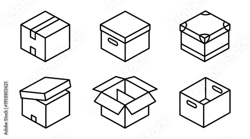 archive box , 6 black line isometric 3d vector collection , white background , PNG and SVG isolate