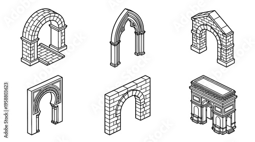 archway , 6 black line isometric 3d vector collection , white background , PNG and SVG isolate