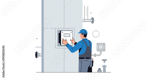 A male technician in a blue hard hat works on an electrical panel mounted on a light gray wall.
