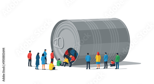 A large silver tin can lies horizontally with small people gathered around and inside its opening.