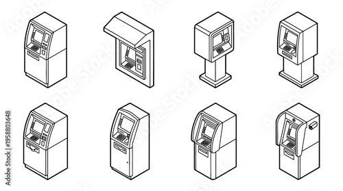 atm machine , 6 black line isometric 3d vector collection , white background , PNG and SVG isolate