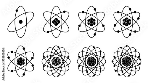 atom structure , 6 black line isometric 3d vector collection , white background , PNG and SVG isolate