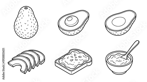 avocado , 6 black line isometric 3d vector collection , white background , PNG and SVG isolate