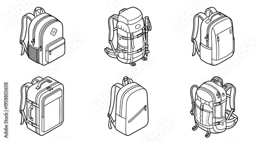 backpack , 6 black line isometric 3d vector collection , white background , PNG and SVG isolate
