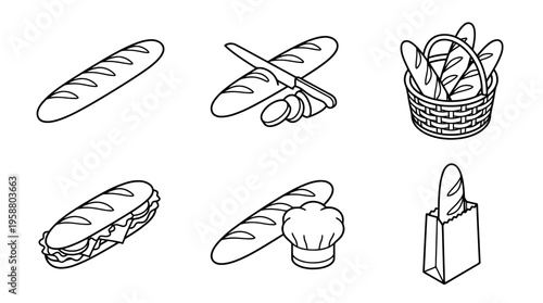 baguette , 6 black line isometric 3d vector collection , white background , PNG and SVG isolate