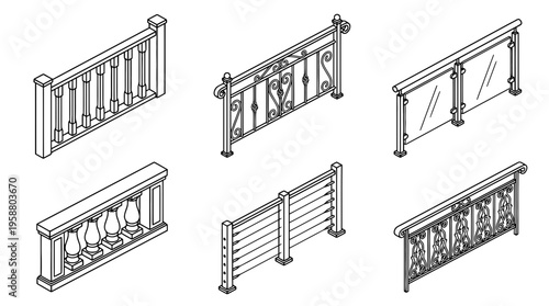 balustrade , 6 black line isometric 3d vector collection , white background , PNG and SVG isolate