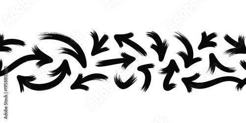 Seamless Border of Black Hand- Drawn Brush Stroke Arrows on White hand drawn