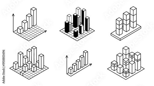 bar chart , 6 black line isometric 3d vector collection , white background , PNG and SVG isolate