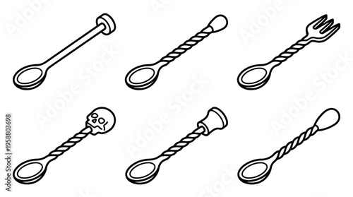 bar spoon , 6 black line isometric 3d vector collection , white background , PNG and SVG isolate