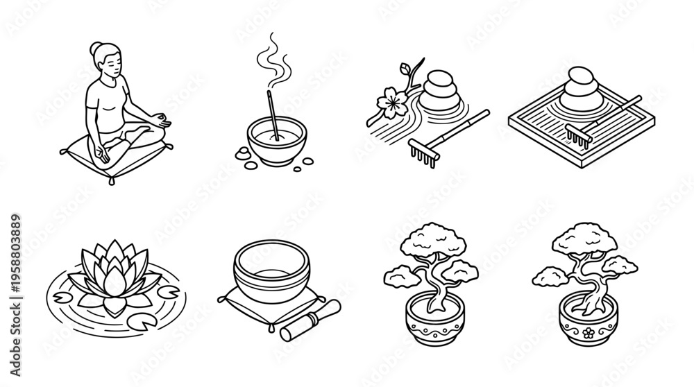 Fototapeta premium calm meditation , 6 black line isometric 3d vector collection , white background , PNG and SVG isolate
