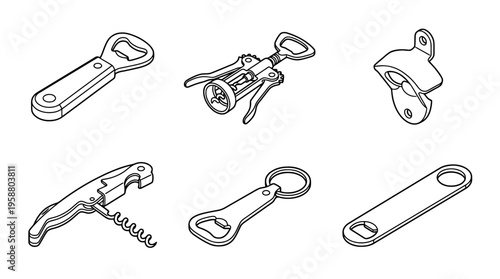 bottle opener , 6 black line isometric 3d vector collection , white background , PNG and SVG isolate