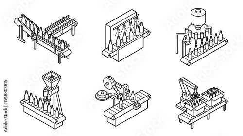 bottling line , 6 black line isometric 3d vector collection , white background , PNG and SVG isolate