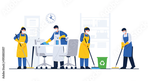 Four masked cleaners in uniforms and gloves are cleaning an office space with various tools.
