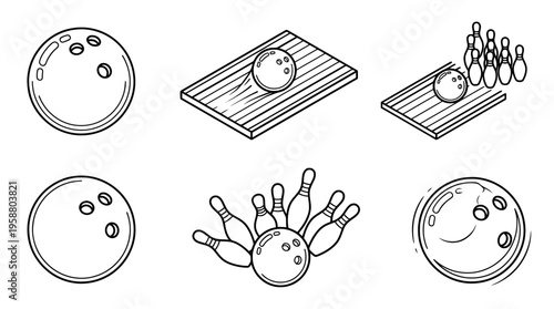 bowling ball , 6 black line isometric 3d vector collection , white background , PNG and SVG isolate