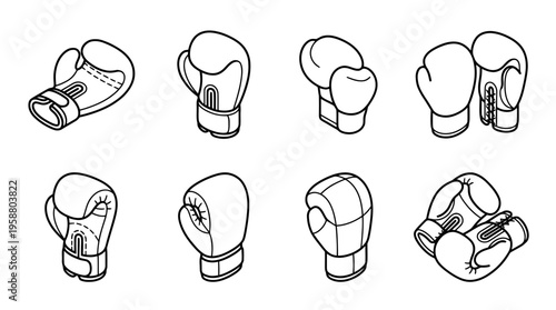 boxing glove , 6 black line isometric 3d vector collection , white background , PNG and SVG isolate