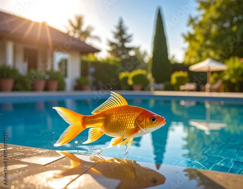 A goldfish leaps from a pool with a sunlit house and lush greenery in the background, creating a bright summer scene