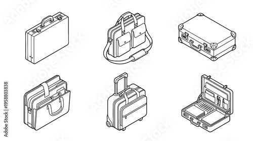 briefcase , 6 black line isometric 3d vector collection , white background , PNG and SVG isolate