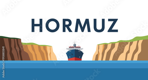 A large cargo ship sails through a narrow strait between two cliffs under a white sky.