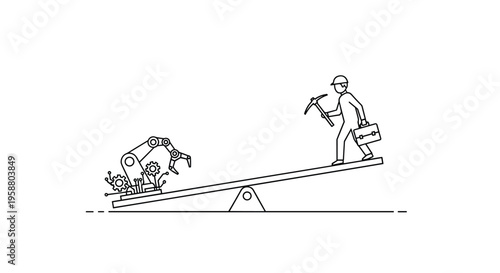 A man with a pickaxe and briefcase balances on a seesaw against a robotic arm with gears in a line art illustration.