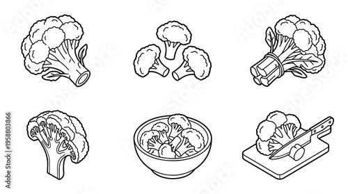 broccoli , 6 black line isometric 3d vector collection , white background , PNG and SVG isolate
