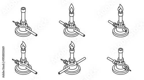 bunsen burner , 6 black line isometric 3d vector collection , white background , PNG and SVG isolate