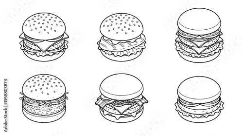 burger , 6 black line isometric 3d vector collection , white background , PNG and SVG isolate