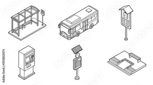 bus stop , 6 black line isometric 3d vector collection , white background , PNG and SVG isolate