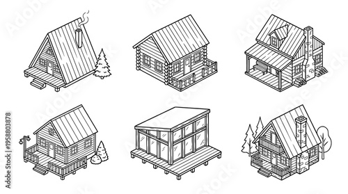 cabin , 6 black line isometric 3d vector collection , white background , PNG and SVG isolate