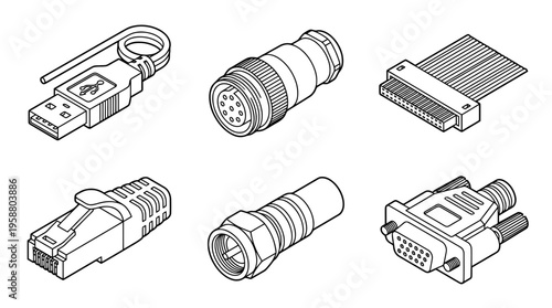 cable connector , 6 black line isometric 3d vector collection , white background , PNG and SVG isolate