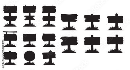 Collection of Blank Signboard Silhouettes and Wooden Sign Icons for Business and Directional Design