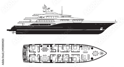 Luxury Motor Yacht Side Profile and Deck Floor Plan Blueprint Illustration for Yacht Design