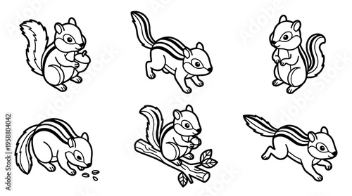 chipmunk , 6 black line isometric 3d vector collection , white background , PNG and SVG isolate