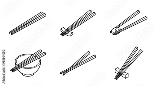 chopsticks , 6 black line isometric 3d vector collection , white background , PNG and SVG isolate