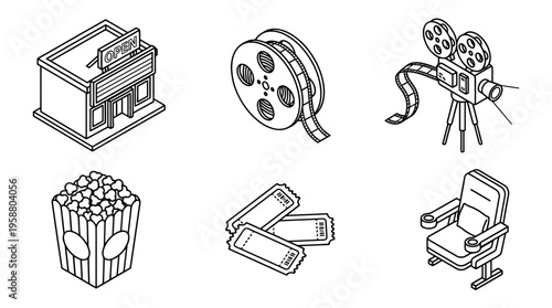 cinema , 6 black line isometric 3d vector collection , white background , PNG and SVG isolate
