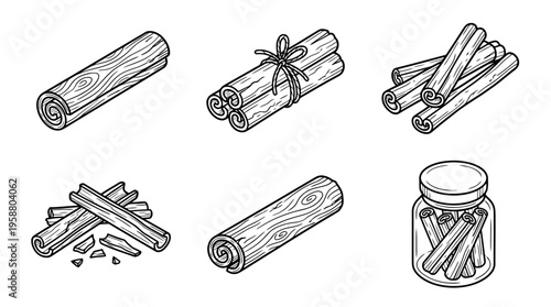 cinnamon stick , 6 black line isometric 3d vector collection , white background , PNG and SVG isolate