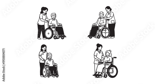 Caregiver Assisting Elderly Woman in Wheelchair, Nursing Care and Senior Mobility Support Icons