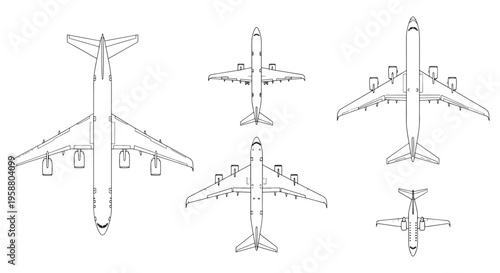 Set of Top View Airplane Silhouettes and Technical Line Drawings for Aviation Design and Illustration