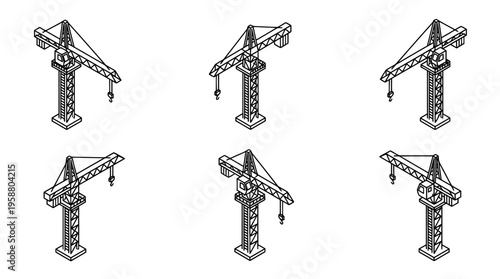 crane tower , 6 black line isometric 3d vector collection , white background , PNG and SVG isolate