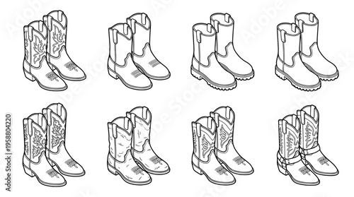 cowboy boots , 6 black line isometric 3d vector collection , white background , PNG and SVG isolate