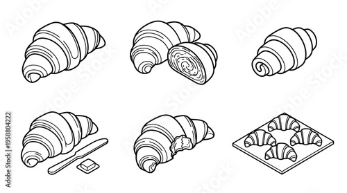 croissant , 6 black line isometric 3d vector collection , white background , PNG and SVG isolate