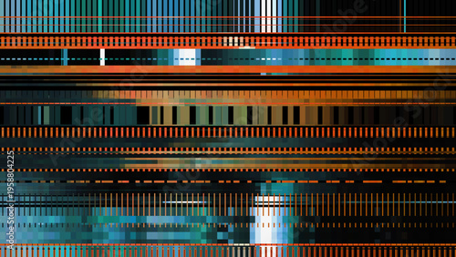 Dark abstract digital glitch background with distortion effect, colorful horizontal streaks, bright dynamic strokes, blue and oranges color lines for design concepts, wallpapers and presentations